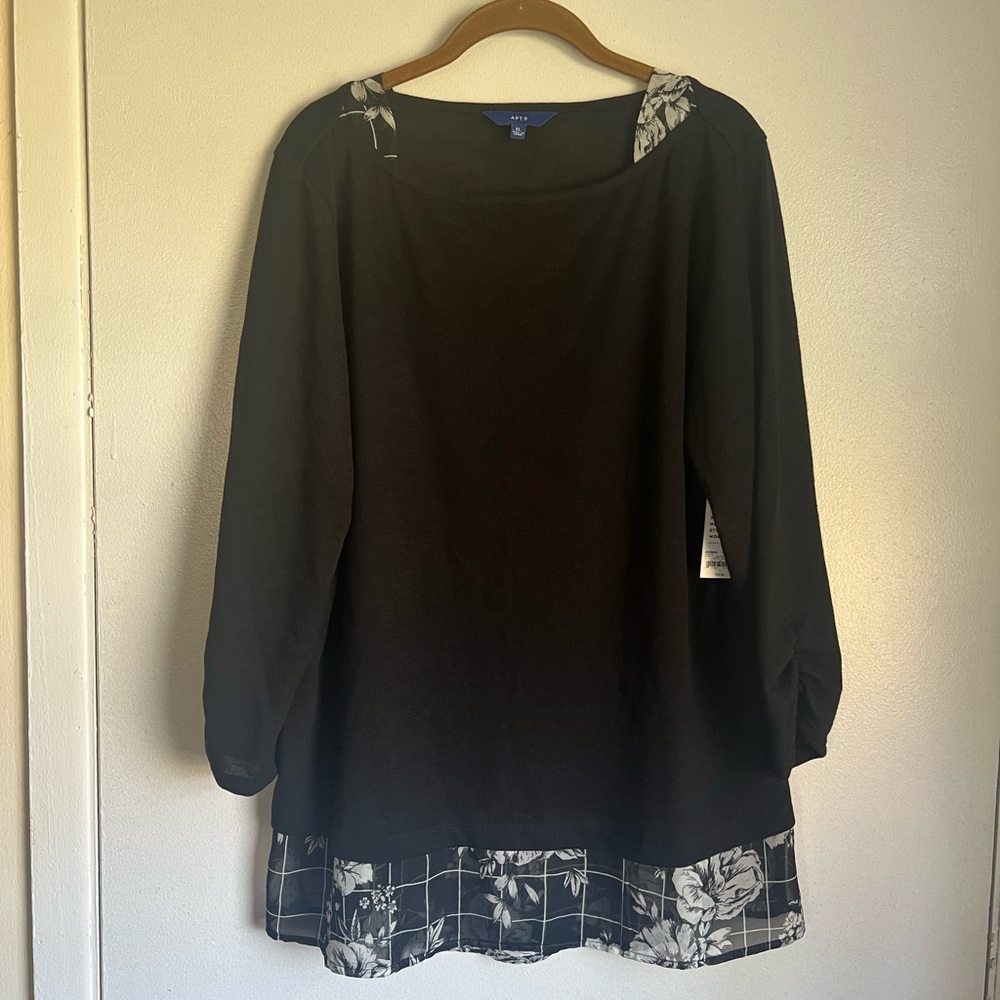 Apt. 9 Black Blouse with White Floral Trim 3/4 Sleeves Size XL